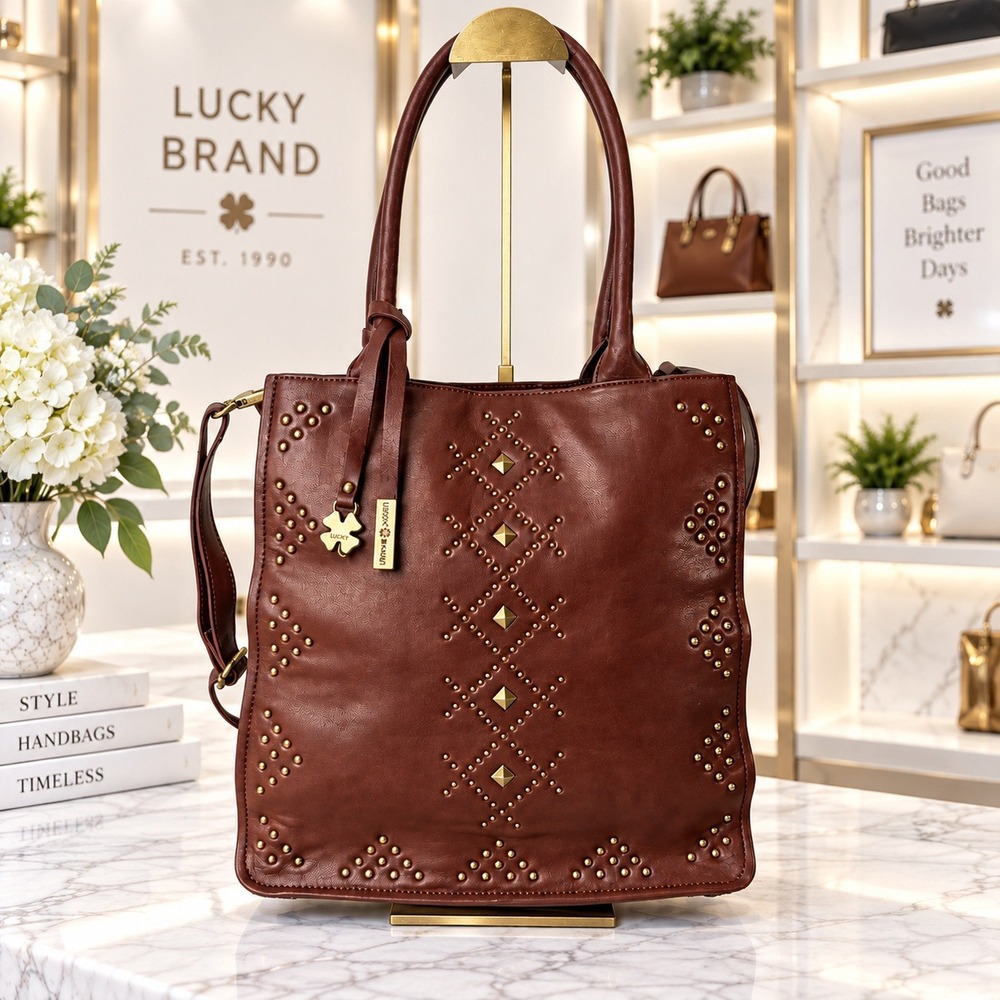 Lucky Brand Boho Western Studded Tote Bag Brown Leather Brass Hardware